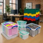 Plastic storage boxes to tidy your office space