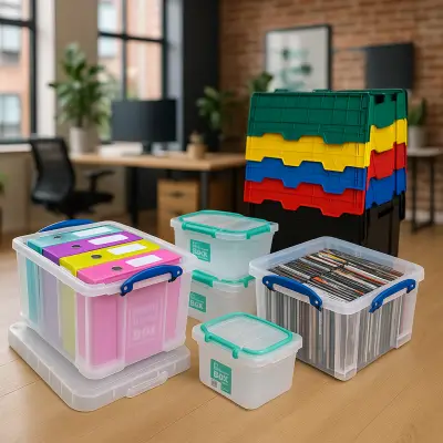 Plastic storage boxes to tidy your office space