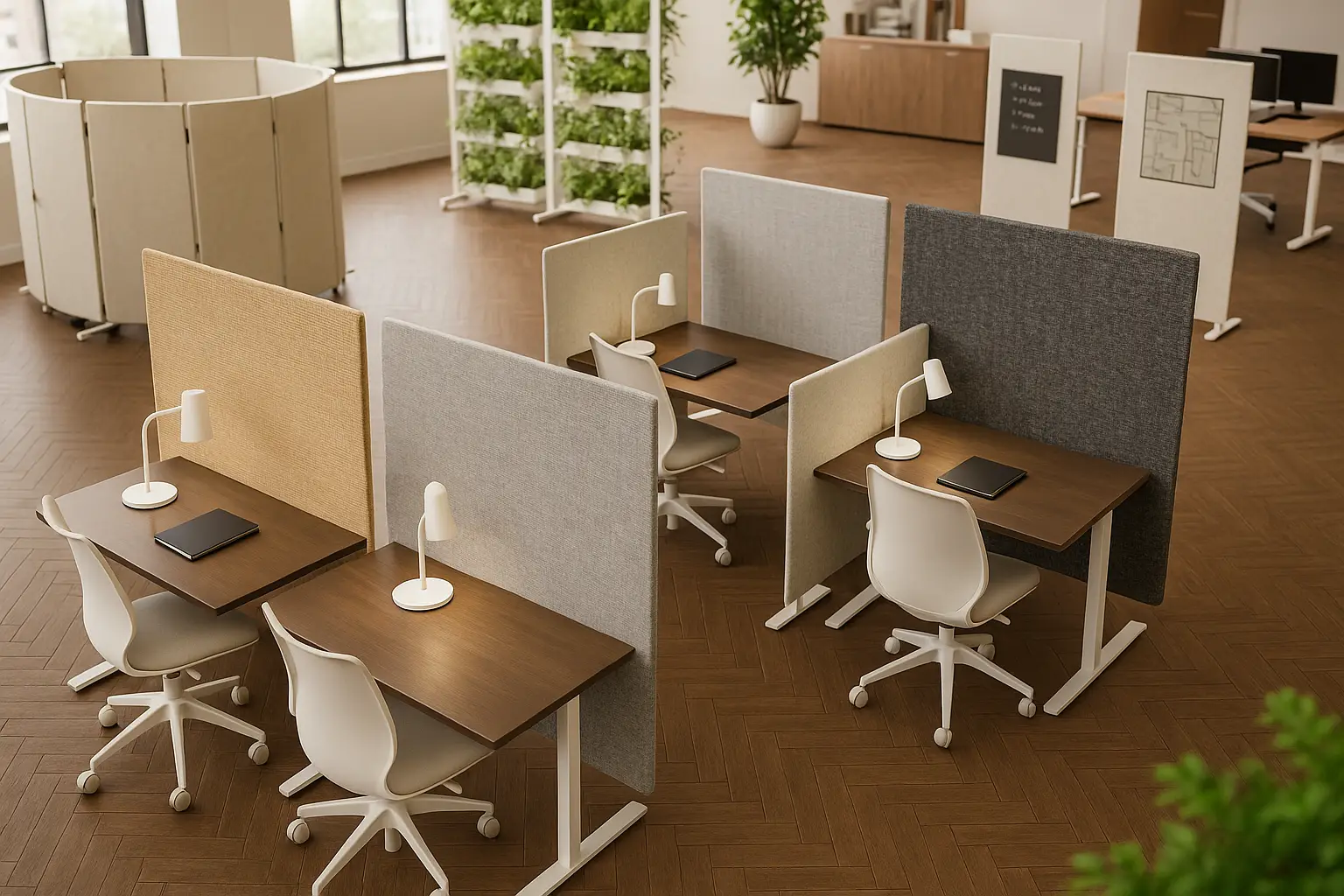Acoustic office screens for quieter, adaptable workspaces 1 Floor standing screens